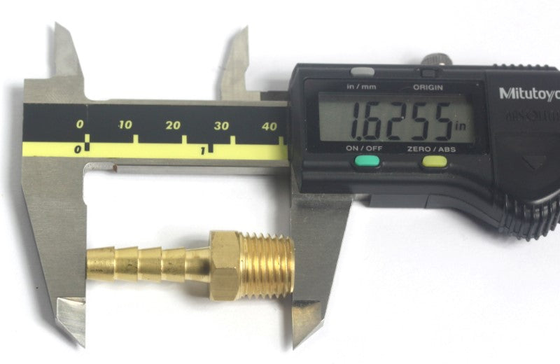Showing the length of the 1/4" barbed to 1/4" NPT tube and hose fitting. Length is 1.6255 inches