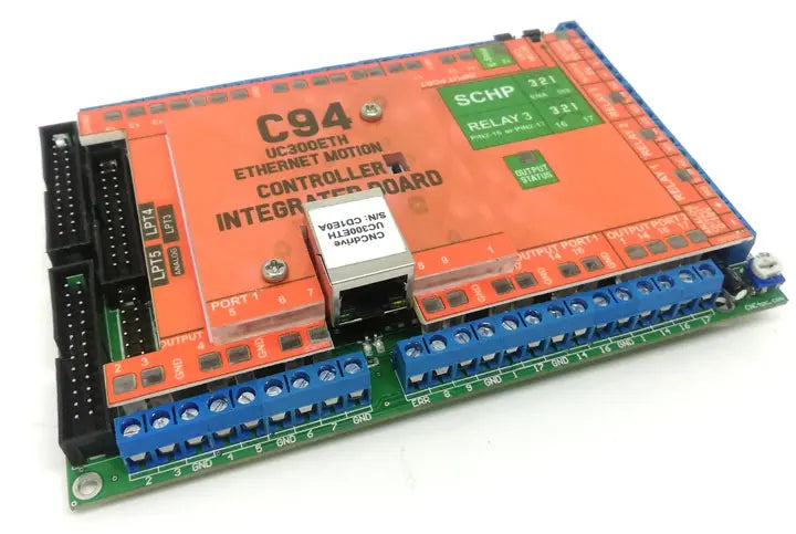 UC300ETH Ethernet motion controller installed on the C94 multifunction CNC breakout board, sold as a bundle for Mach3, Mach4 and UCCNC