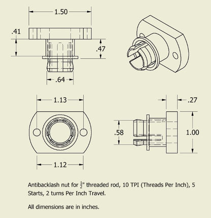 Antibacklash nut 1/2" 10 TPI 5 starts drawing and dimensions