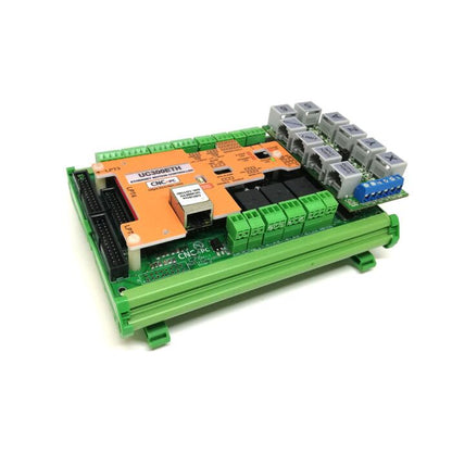 C76 UC300ETH CNC breakout board mounted on DIN rail support for organized CNC control cabinet wiring