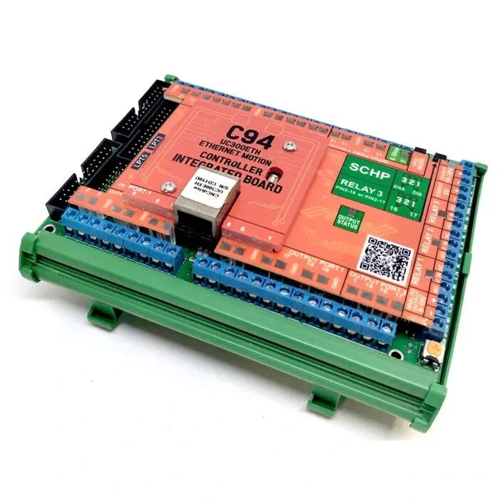 UC300ETH + C94 Ethernet CNC controller bundle on a 35 mm DIN rail support with Ethernet jack and status LEDs visible