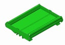Green DIN rail support base designed for mounting a C82R2 CNC breakout board inside an electronics enclosure
