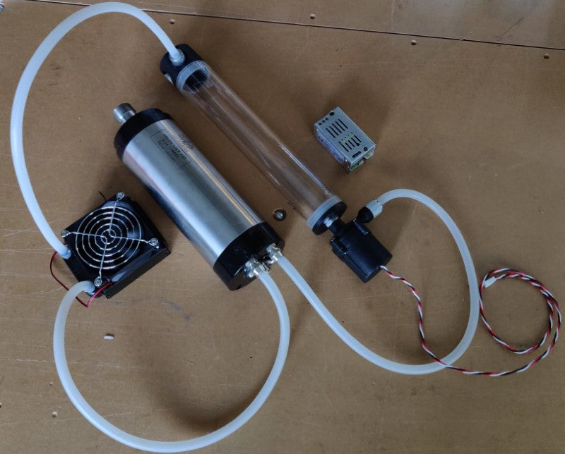 The pump, water reservoir, fan, radiator, G1/4 fittings and silicone tubing for CNC router spindle water cooling and CPU Cooling kit all connected using silicone tubing with 1/4" ID and 3/8" OD