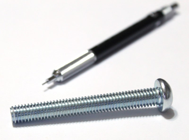 3/8 inch x 3 inch machine screw shown with mechanical pencil for scale 