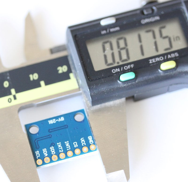 Width measurement of the ADXL 345 accelerometer breakout. .8175 inches or 20.76 mm.