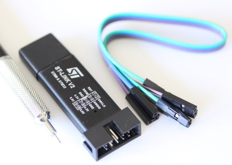 ST Link v2 for STM32 and STM8 microcontrollers top view of all components