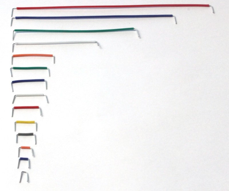 This picture shows 14 different length jumper wires aligned by size from largest (top) to smallest (bottom) 