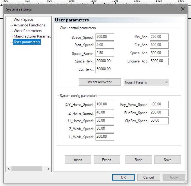 LaserCAD User Parameters for the Vertical Laser XL