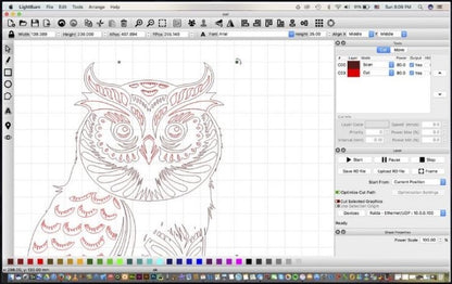 LightBurn Laser Control Software screenshot of an owl artwork design